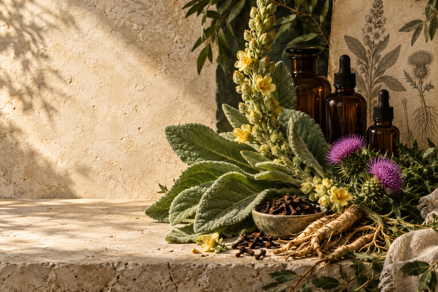 Mullein leaves, clove, milk thistle and amber glass in a botanical still life